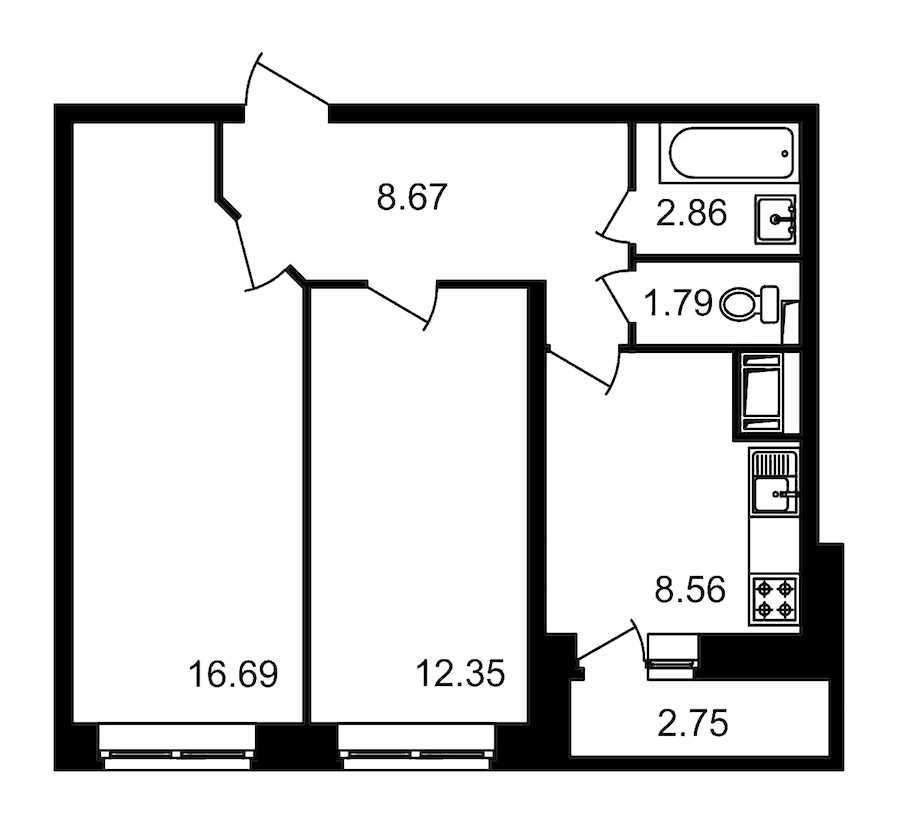 Двухкомнатная квартира в : площадь 53.67 м2 , этаж: 2 – купить в Санкт-Петербурге