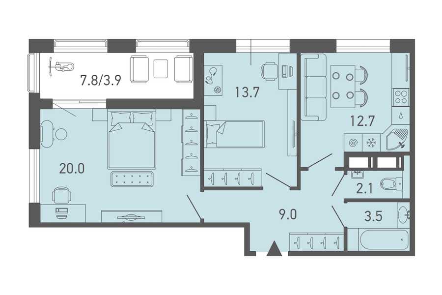 Двухкомнатная квартира в : площадь 64.9 м2 , этаж: 9 – купить в Санкт-Петербурге