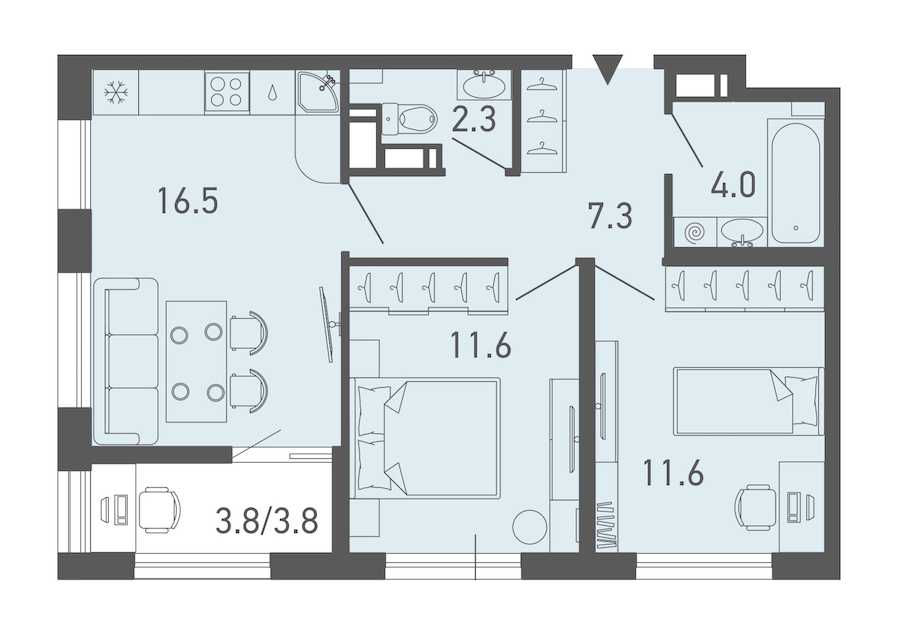 Двухкомнатная квартира в : площадь 57.1 м2 , этаж: 3 – купить в Санкт-Петербурге