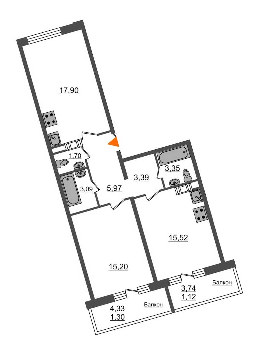 Двухкомнатная квартира в : площадь 68.54 м2 , этаж: 12 – купить в Санкт-Петербурге