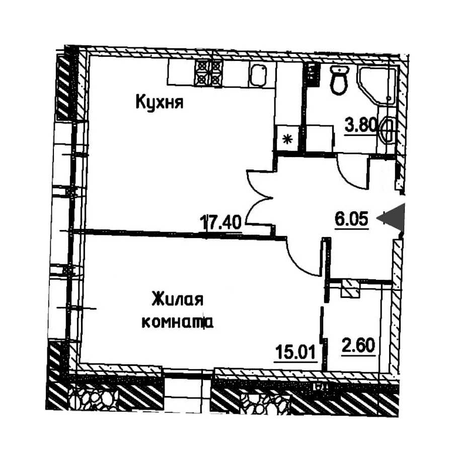 Однокомнатная квартира в : площадь 44.86 м2 , этаж: 2 – купить в Санкт-Петербурге