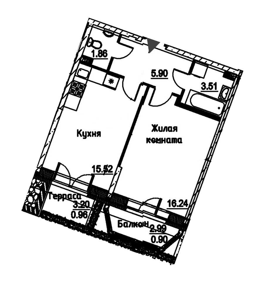 Однокомнатная квартира в : площадь 44.89 м2 , этаж: 2 – купить в Санкт-Петербурге