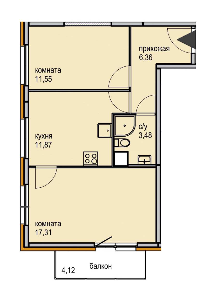 Двухкомнатная квартира в ЮИТ: площадь 50.57 м2 , этаж: 4 – купить в Санкт-Петербурге