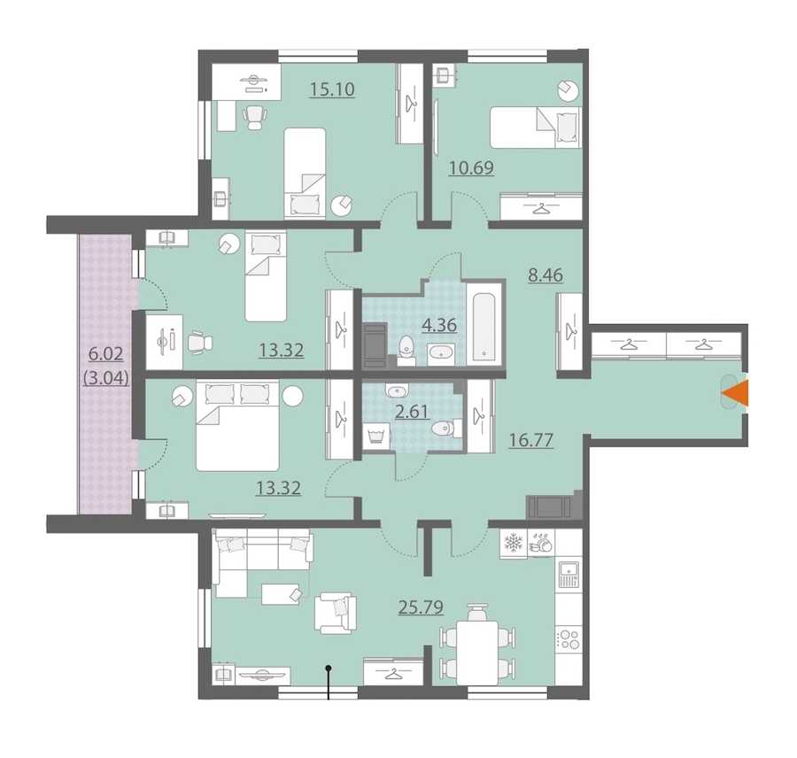 Четырехкомнатная квартира в Группа ЛСР: площадь 113.44 м2 , этаж: 3 – купить в Санкт-Петербурге