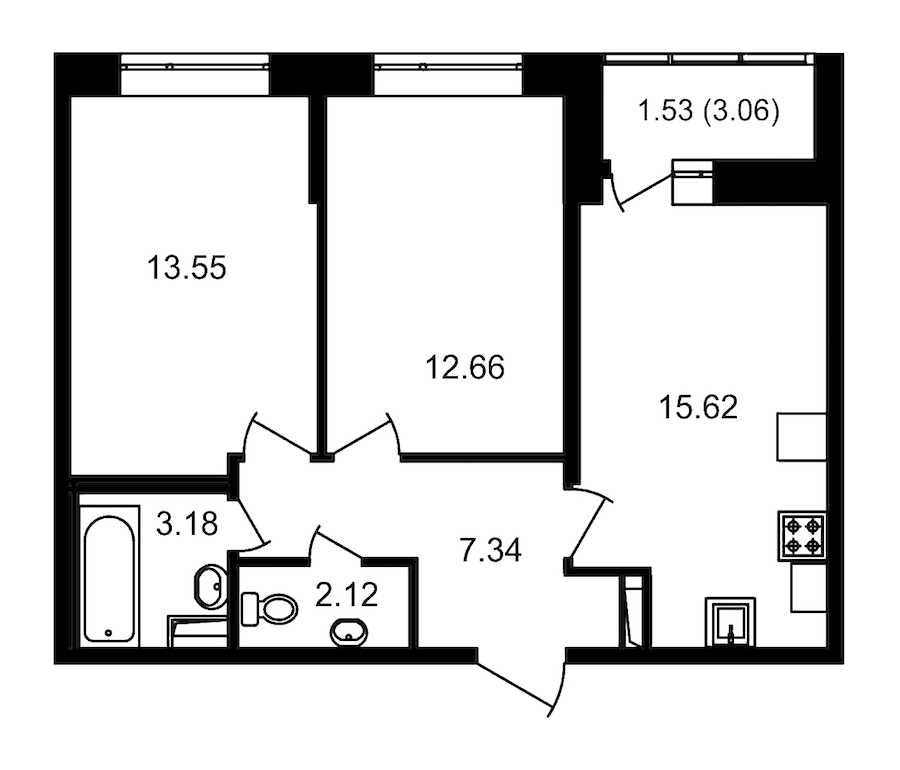 Двухкомнатная квартира в : площадь 57.53 м2 , этаж: 2 – купить в Санкт-Петербурге