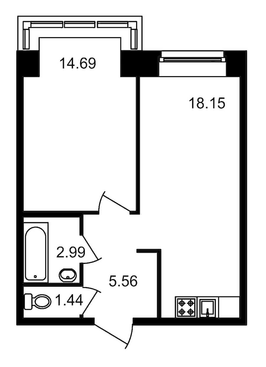 Однокомнатная квартира в : площадь 42.83 м2 , этаж: 4 – купить в Санкт-Петербурге