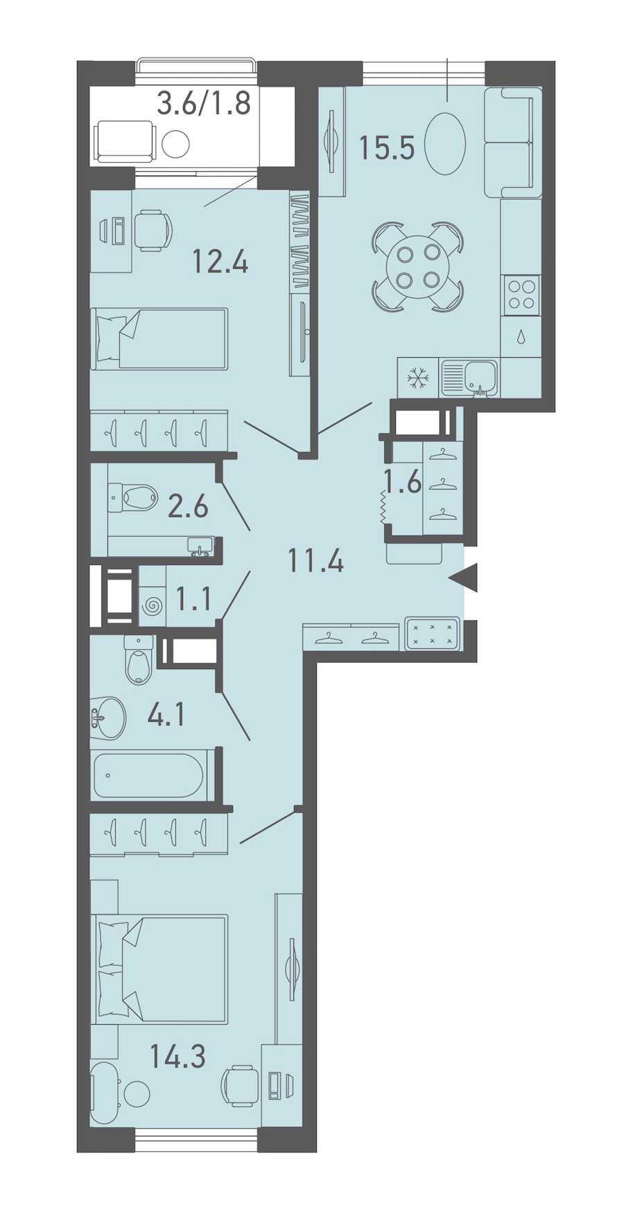 Двухкомнатная квартира в : площадь 64.8 м2 , этаж: 15 – купить в Санкт-Петербурге