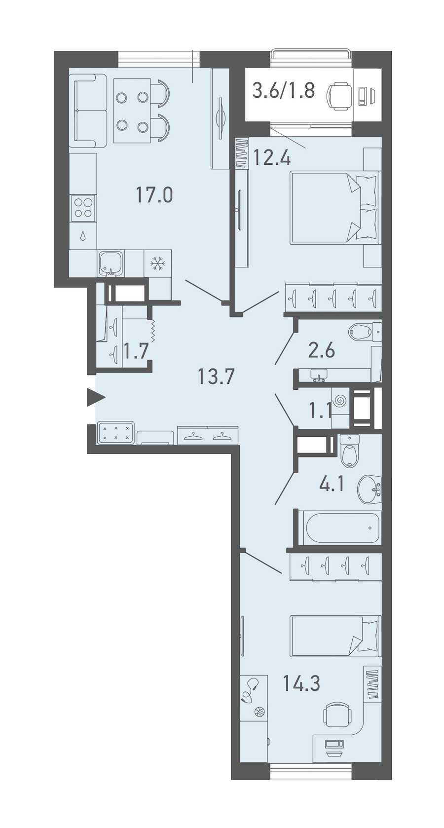 Двухкомнатная квартира в : площадь 68.7 м2 , этаж: 7 – купить в Санкт-Петербурге