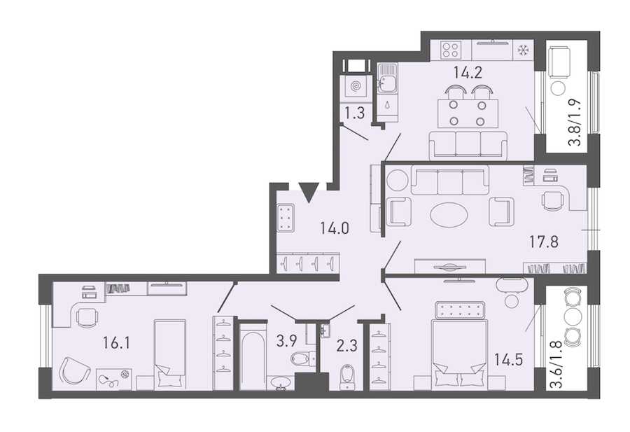 Трехкомнатная квартира в : площадь 87.8 м2 , этаж: 3 – купить в Санкт-Петербурге