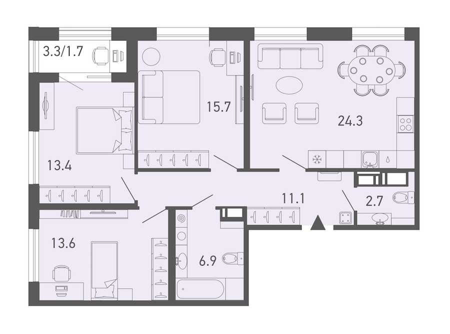 Трехкомнатная квартира в : площадь 89.4 м2 , этаж: 8 – купить в Санкт-Петербурге