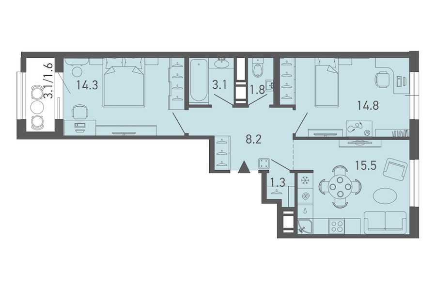 Двухкомнатная квартира в : площадь 60.6 м2 , этаж: 11 – купить в Санкт-Петербурге