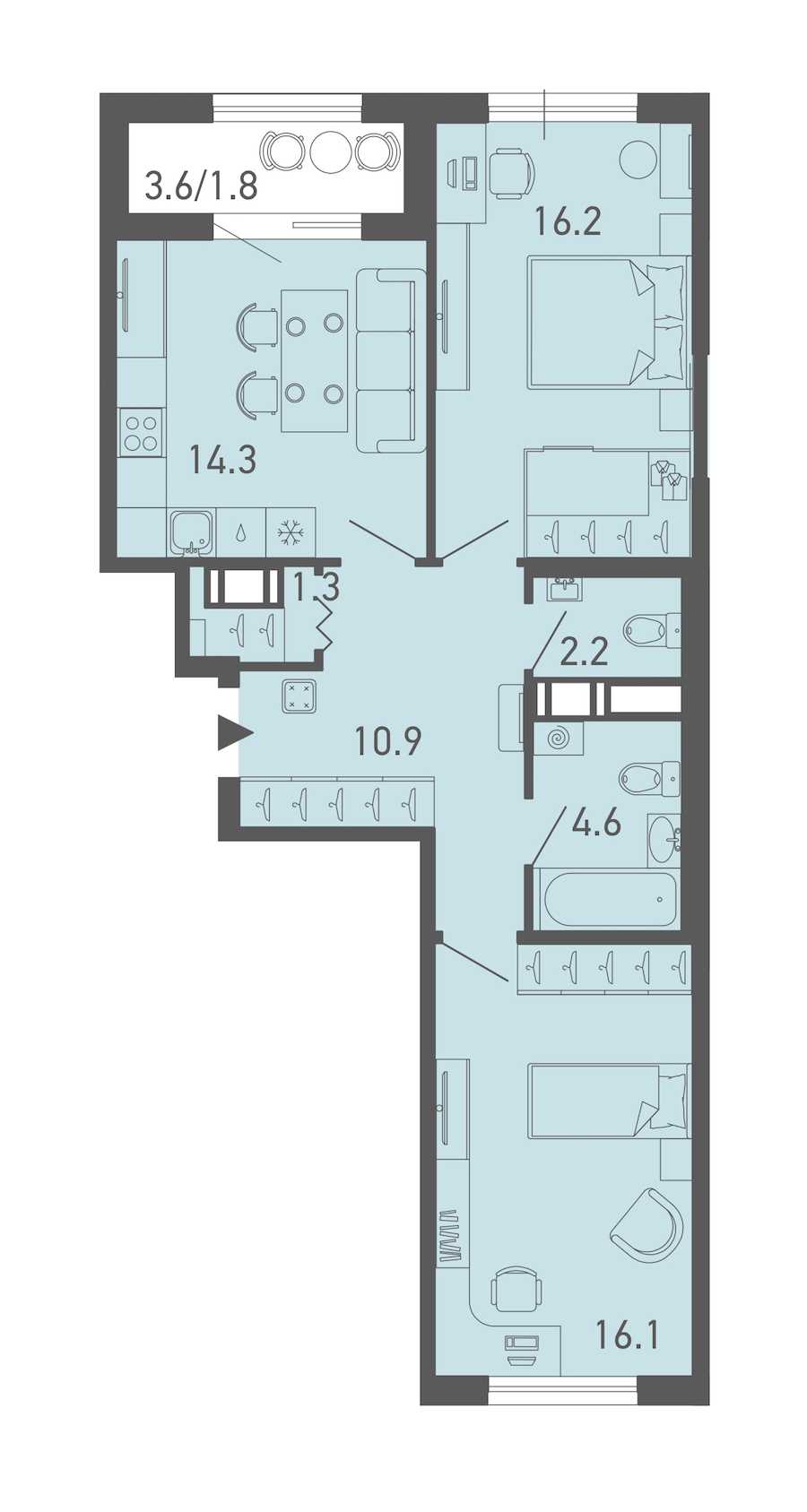 Двухкомнатная квартира в : площадь 67.4 м2 , этаж: 3 – купить в Санкт-Петербурге