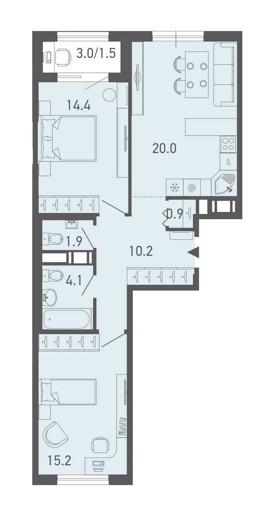 Двухкомнатная квартира в : площадь 68.2 м2 , этаж: 3 – купить в Санкт-Петербурге