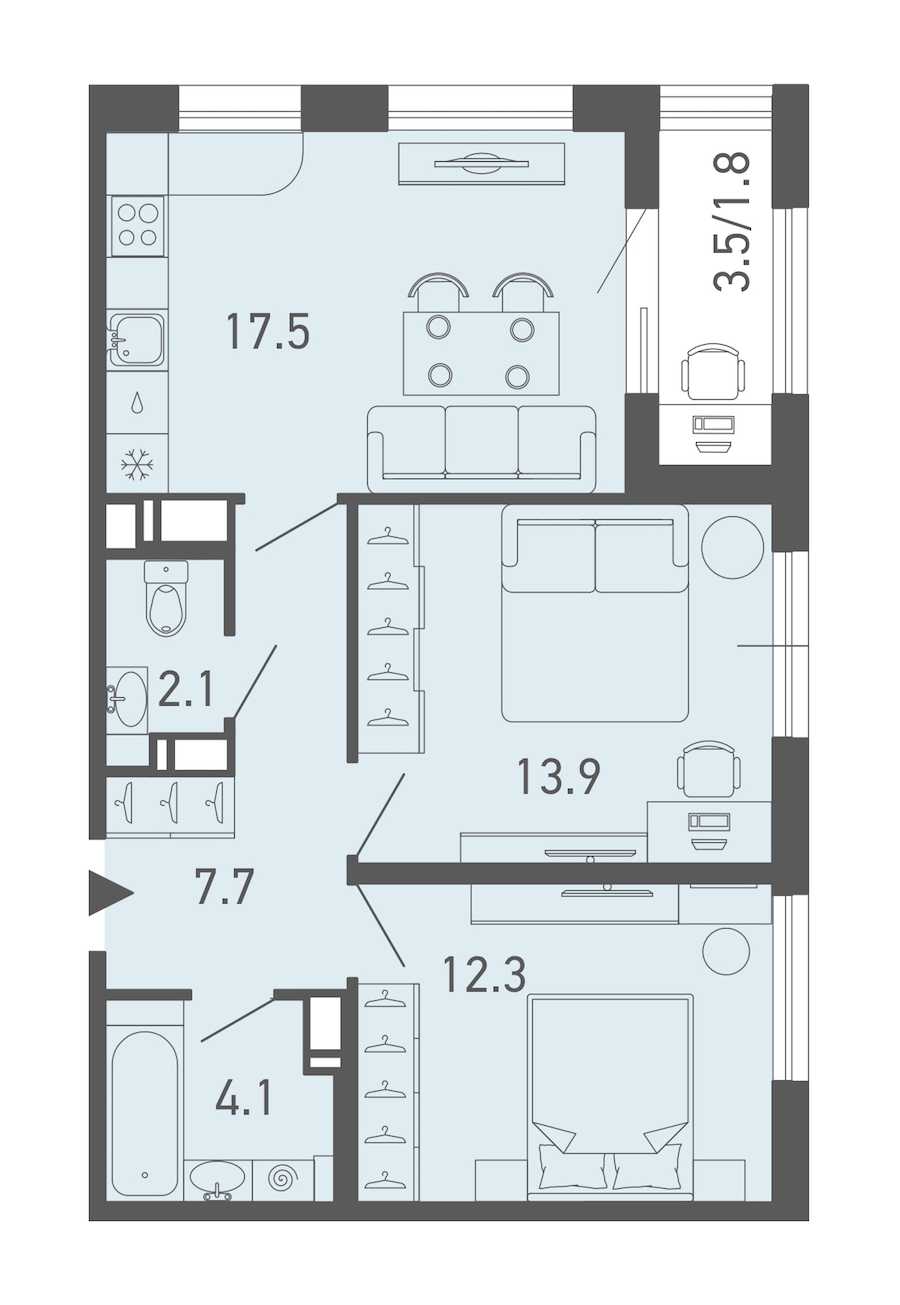 Двухкомнатная квартира в : площадь 59.4 м2 , этаж: 3 – купить в Санкт-Петербурге