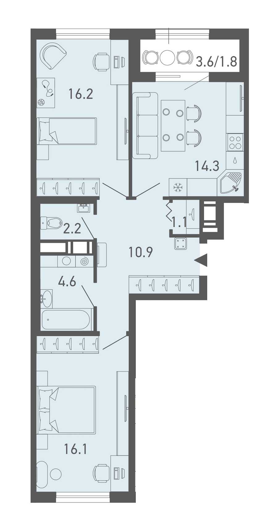 Двухкомнатная квартира в : площадь 67.2 м2 , этаж: 13 – купить в Санкт-Петербурге