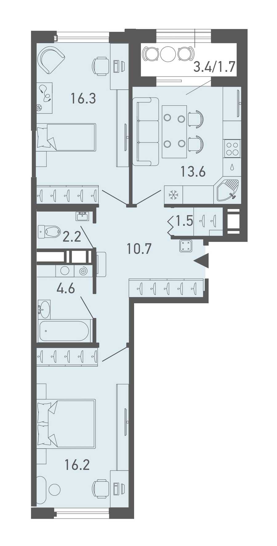 Двухкомнатная квартира в Эталон ЛенСпецСМУ: площадь 66.8 м2 , этаж: 3 – купить в Санкт-Петербурге