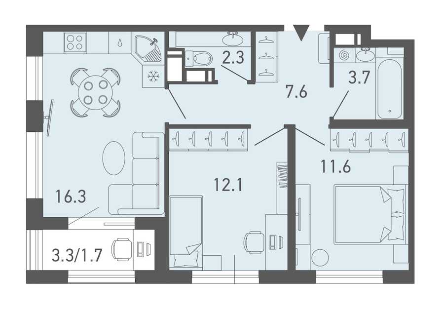 Двухкомнатная квартира в : площадь 55.3 м2 , этаж: 3 – купить в Санкт-Петербурге
