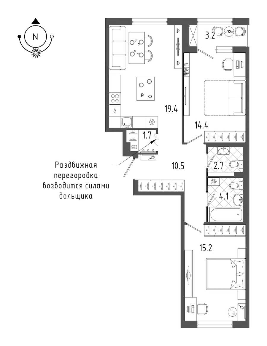 Двухкомнатная квартира в : площадь 69.6 м2 , этаж: 2 – купить в Санкт-Петербурге