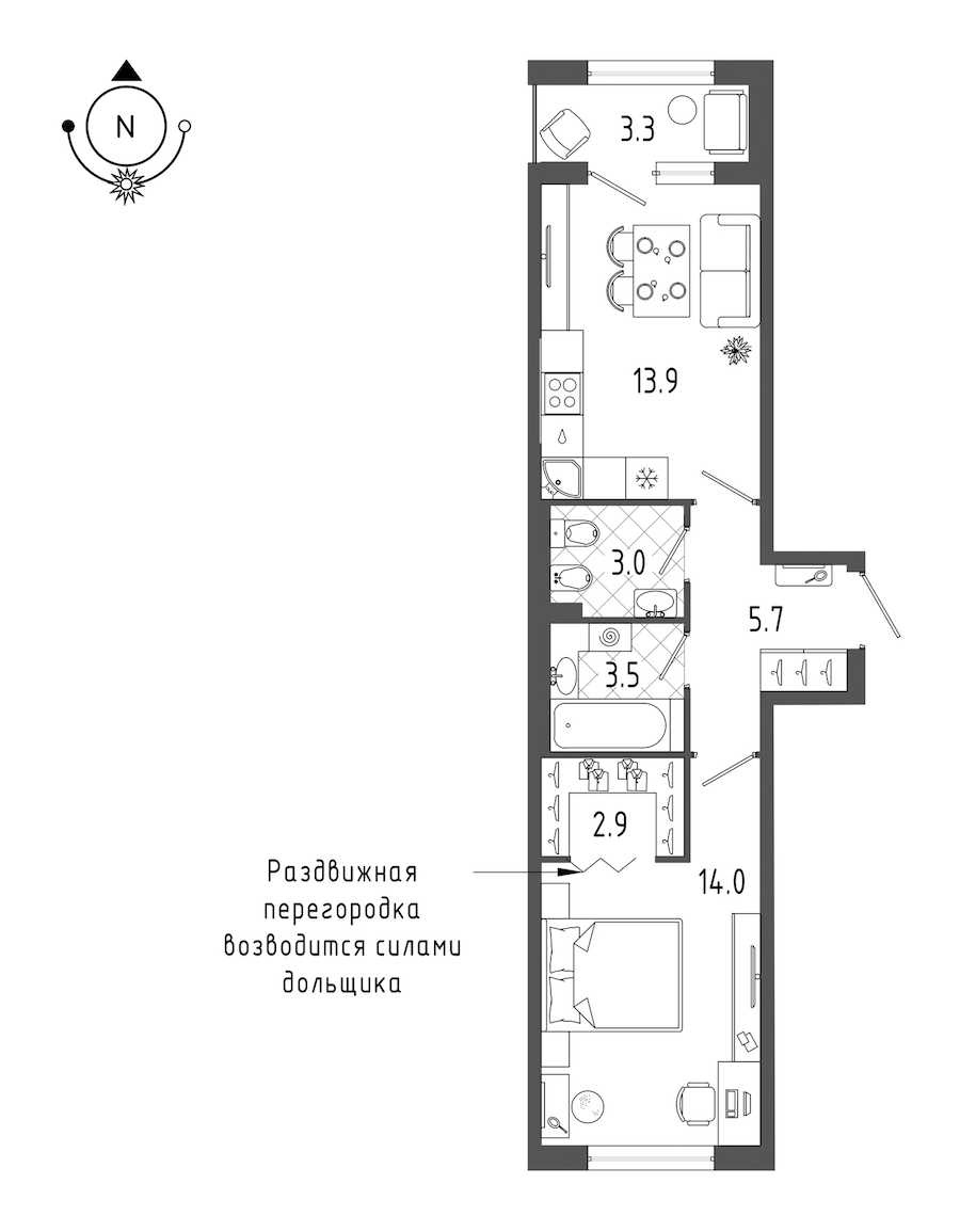 Однокомнатная квартира в Эталон ЛенСпецСМУ: площадь 44.7 м2 , этаж: 2 – купить в Санкт-Петербурге