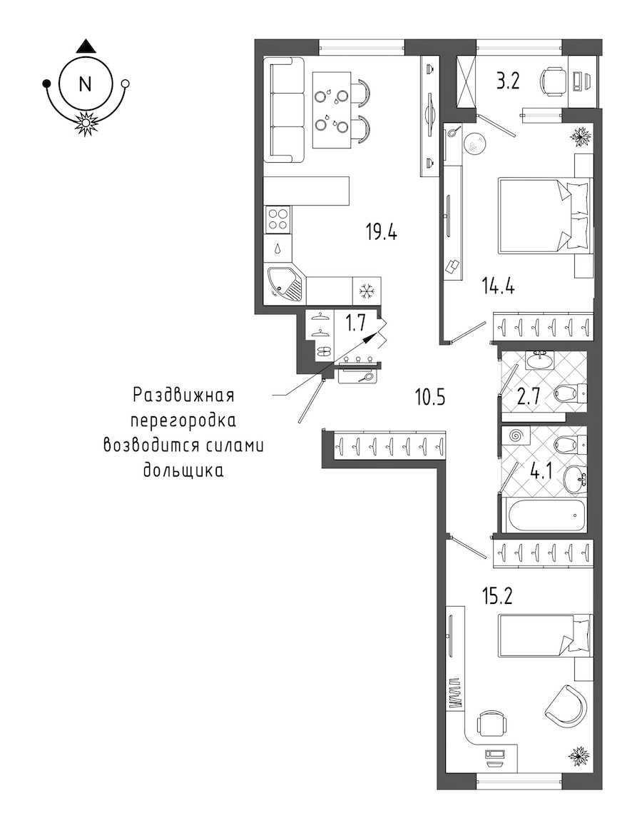 Двухкомнатная квартира в Эталон ЛенСпецСМУ: площадь 69.6 м2 , этаж: 2 – купить в Санкт-Петербурге