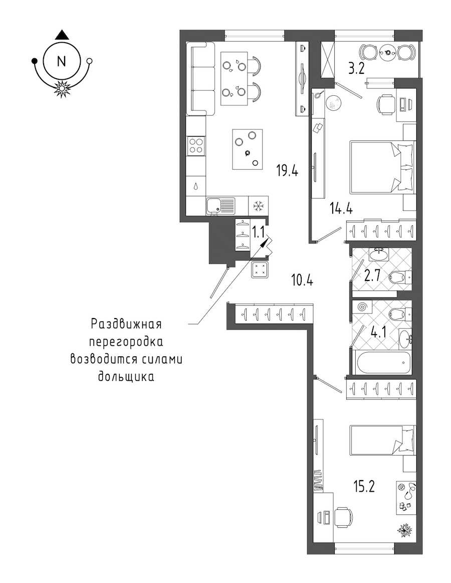 Двухкомнатная квартира в Эталон ЛенСпецСМУ: площадь 68.9 м2 , этаж: 2 – купить в Санкт-Петербурге