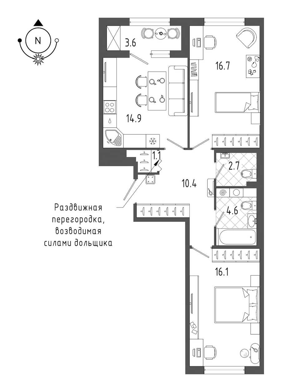 Двухкомнатная квартира в : площадь 68.3 м2 , этаж: 2 – купить в Санкт-Петербурге