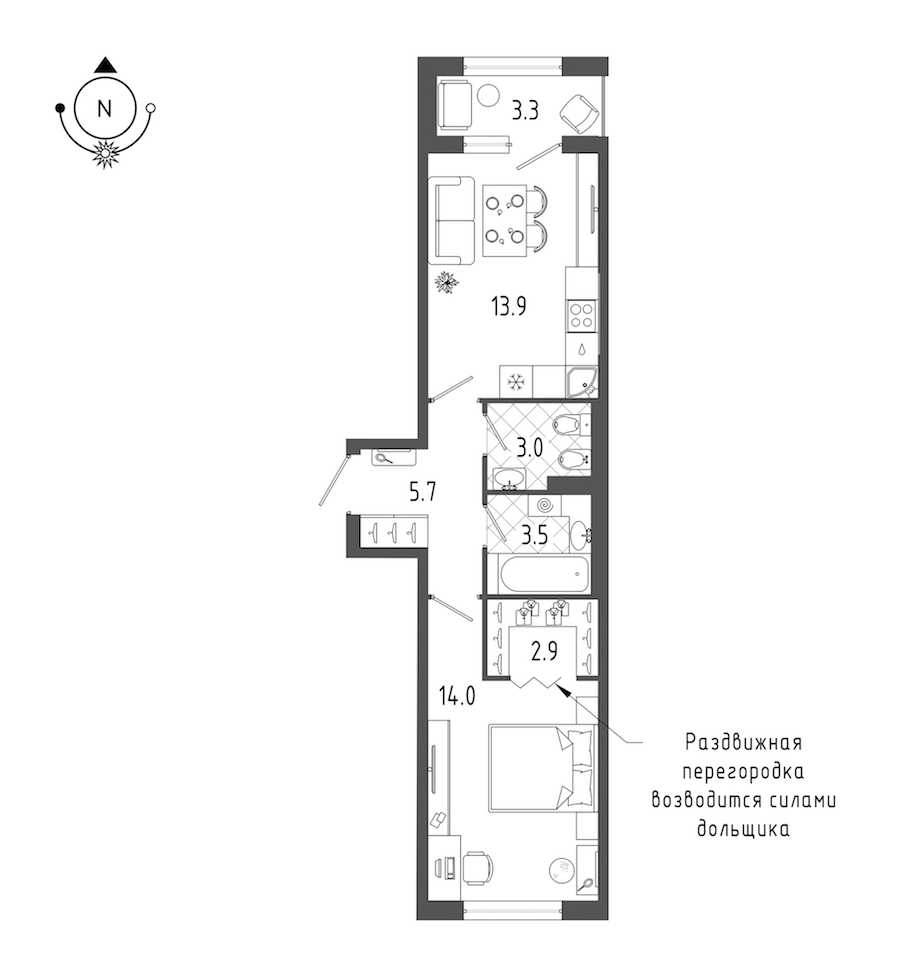 Однокомнатная квартира в : площадь 44.7 м2 , этаж: 2 – купить в Санкт-Петербурге