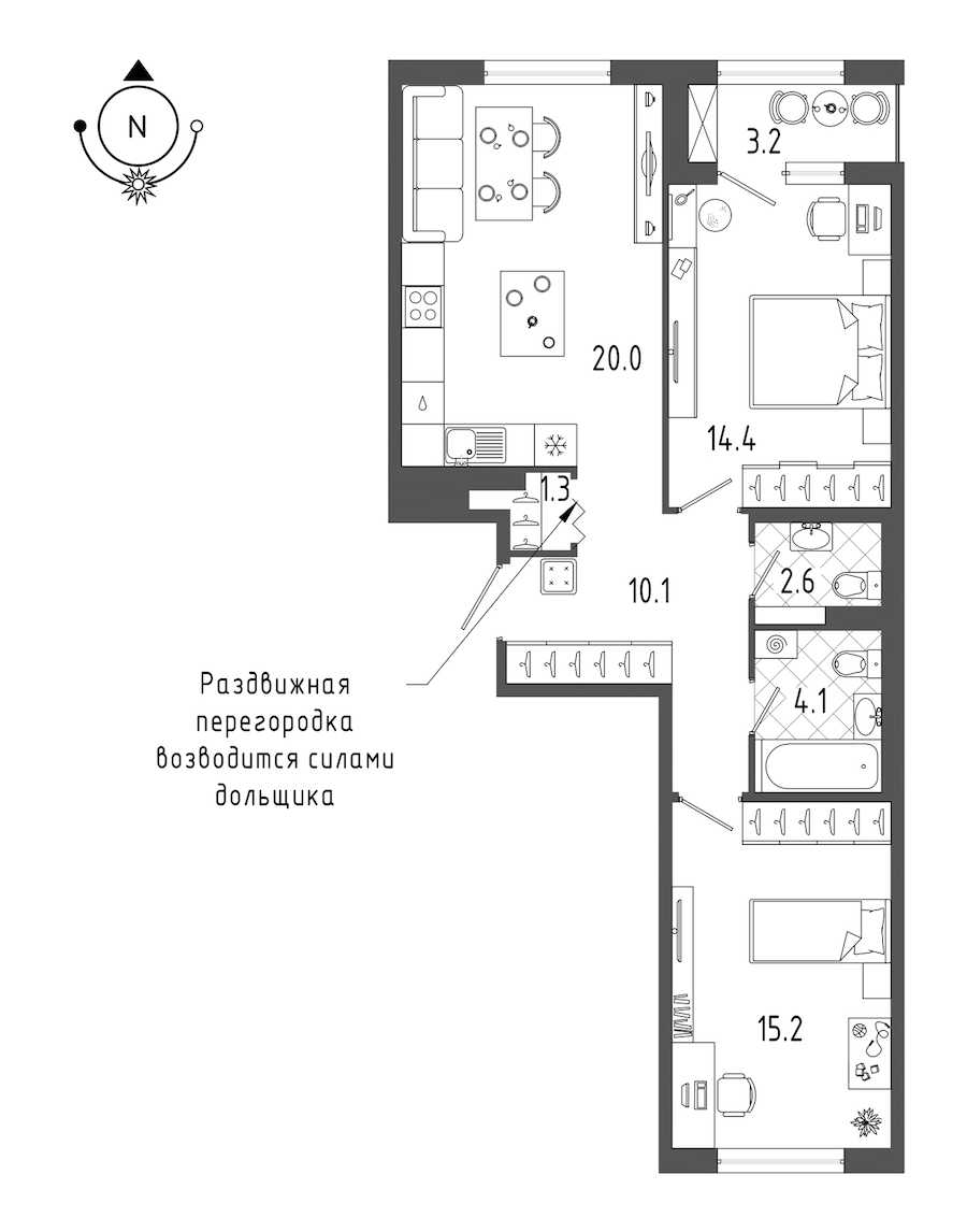 Двухкомнатная квартира в : площадь 69.3 м2 , этаж: 2 – купить в Санкт-Петербурге