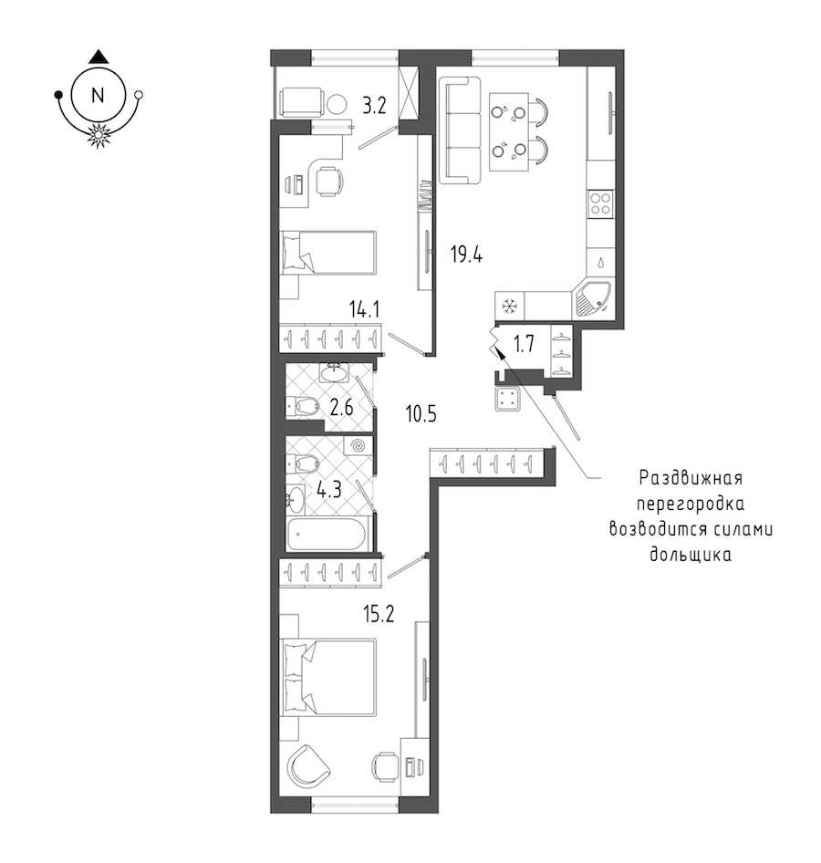 Двухкомнатная квартира в : площадь 69.4 м2 , этаж: 2 – купить в Санкт-Петербурге
