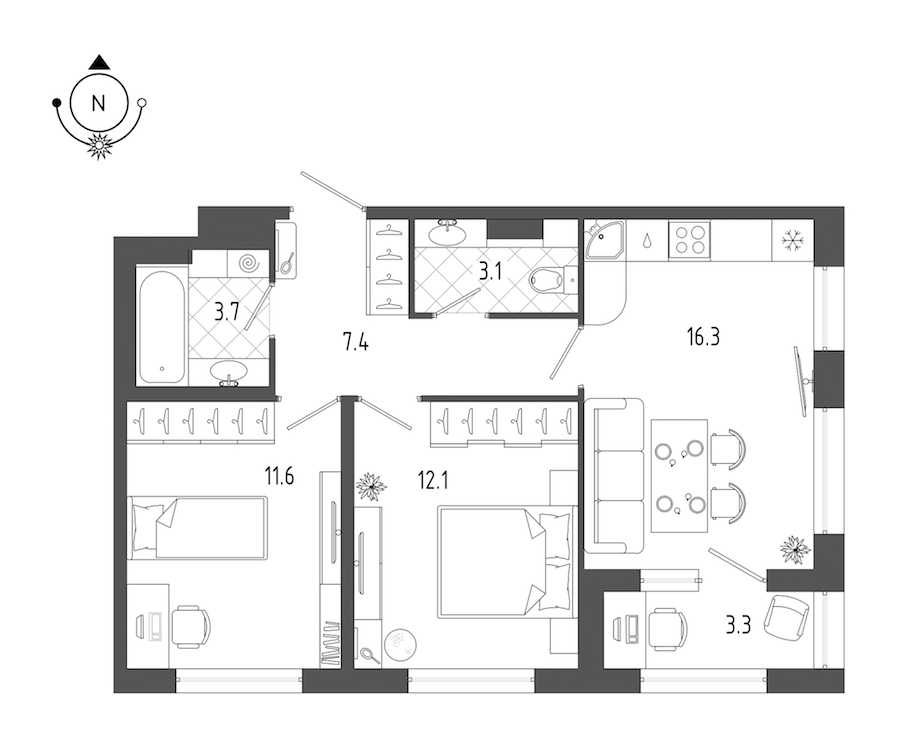 Двухкомнатная квартира в : площадь 55.9 м2 , этаж: 2 – купить в Санкт-Петербурге
