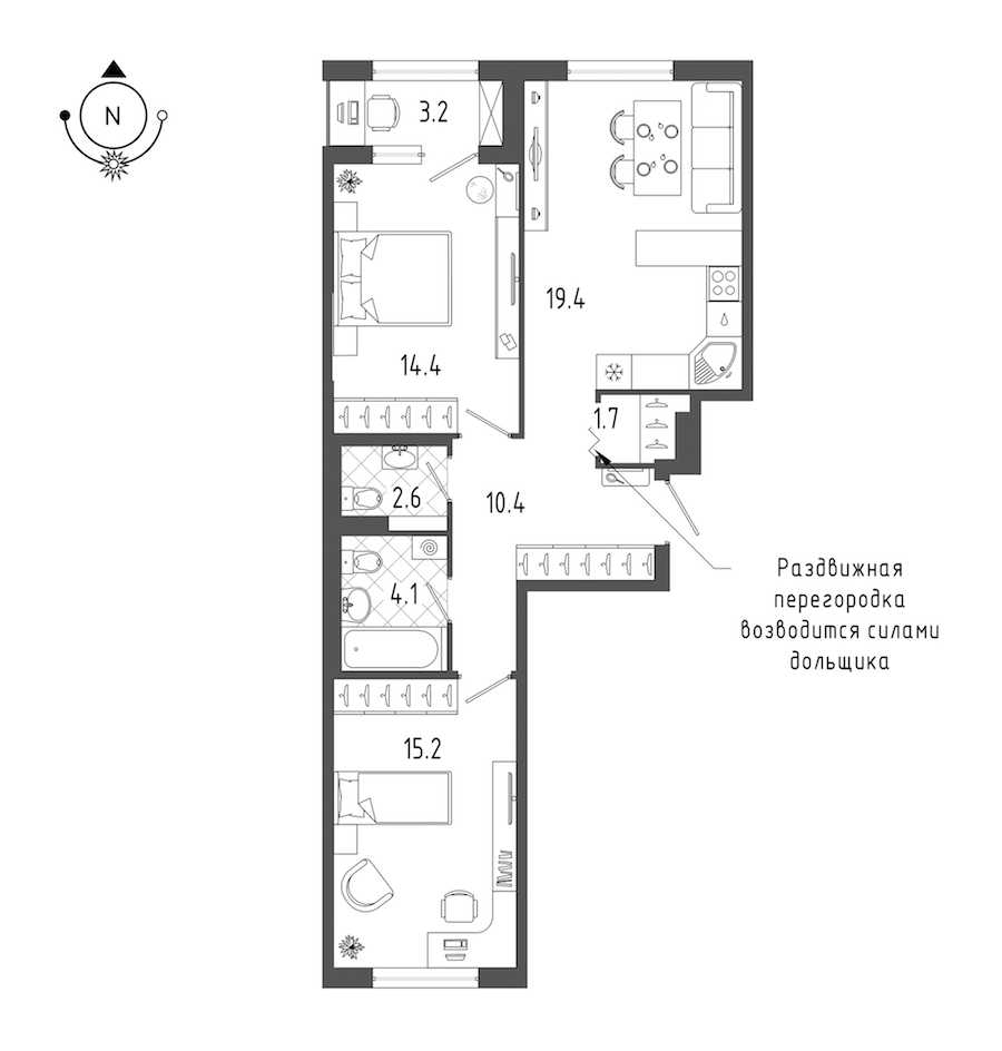 Двухкомнатная квартира в : площадь 69.4 м2 , этаж: 2 – купить в Санкт-Петербурге