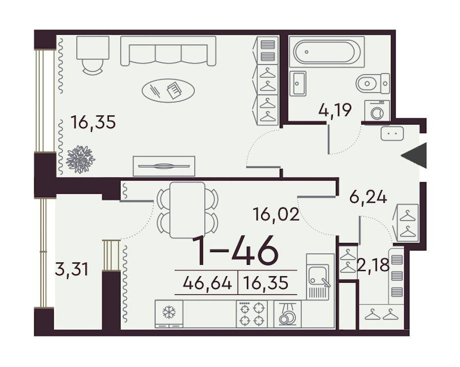 Однокомнатная квартира в : площадь 46.64 м2 , этаж: 2 – купить в Санкт-Петербурге
