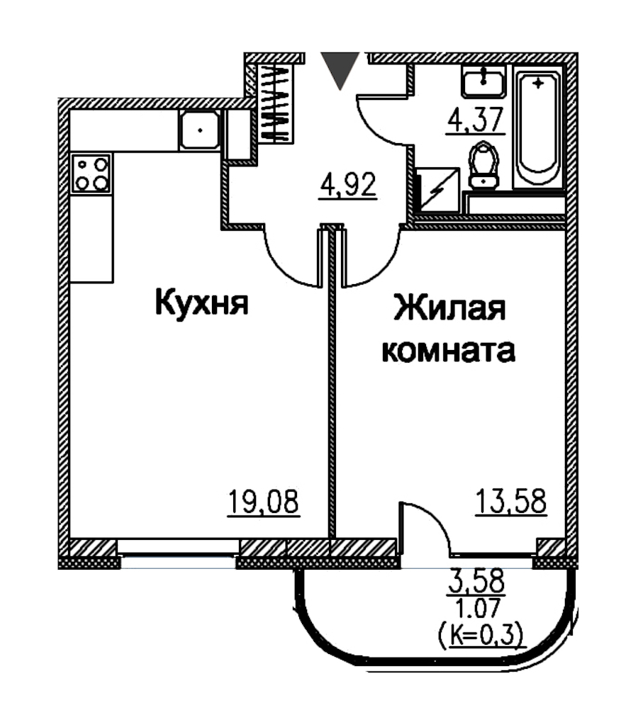 Однокомнатная квартира в : площадь 43.02 м2 , этаж: 2 – купить в Санкт-Петербурге