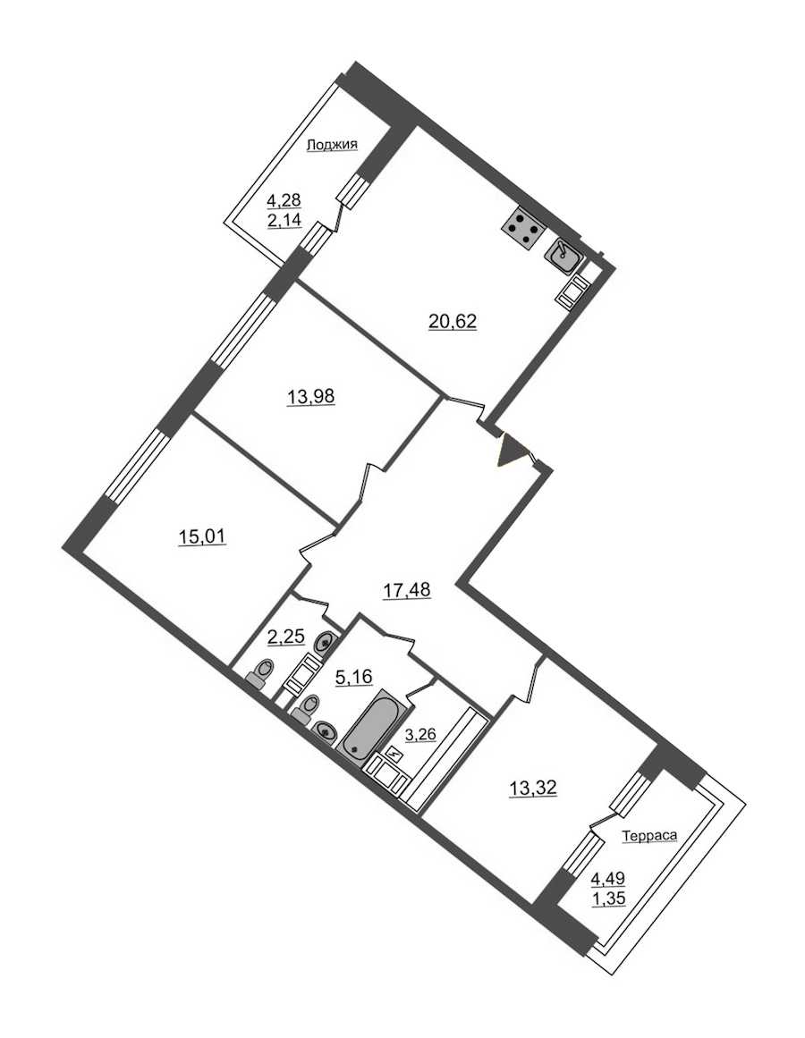 Трехкомнатная квартира в : площадь 94.57 м2 , этаж: 12 – купить в Санкт-Петербурге