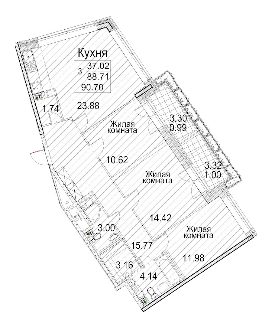 Трехкомнатная квартира в : площадь 90.7 м2 , этаж: 12 – купить в Санкт-Петербурге
