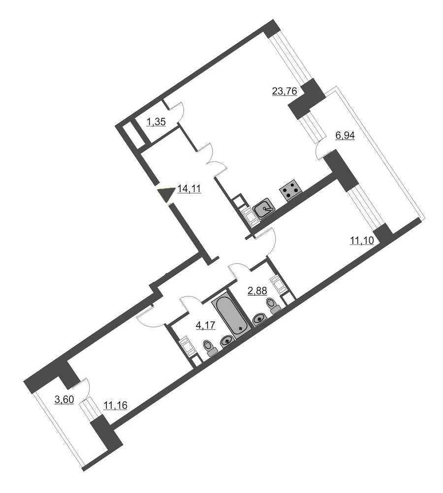 Двухкомнатная квартира в : площадь 72.41 м2 , этаж: 12 – купить в Санкт-Петербурге