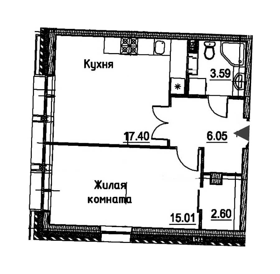 Однокомнатная квартира в : площадь 44.65 м2 , этаж: 3 – купить в Санкт-Петербурге