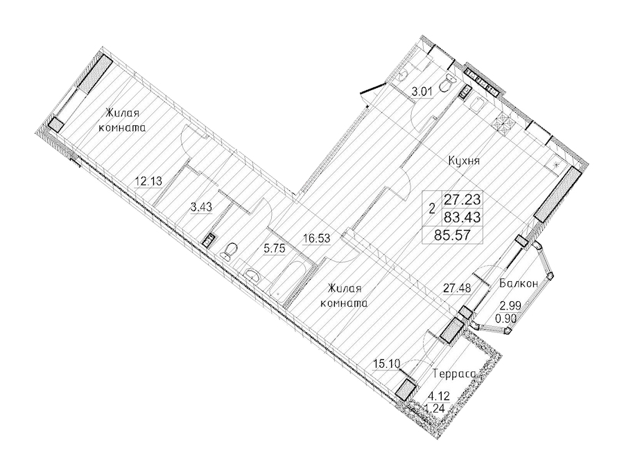 Двухкомнатная квартира в : площадь 85.57 м2 , этаж: 2 – купить в Санкт-Петербурге