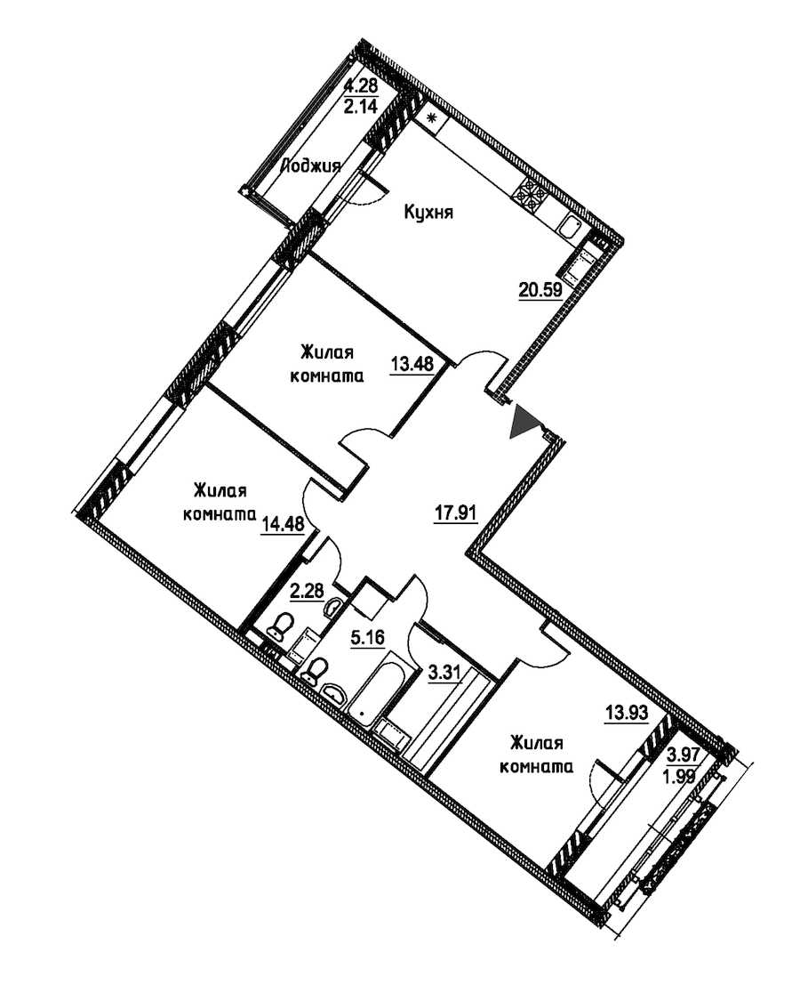 Трехкомнатная квартира в : площадь 95.27 м2 , этаж: 11 – купить в Санкт-Петербурге