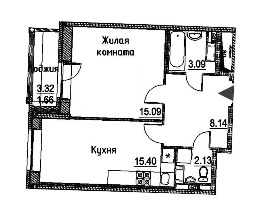 Однокомнатная квартира в : площадь 45.51 м2 , этаж: 3 – купить в Санкт-Петербурге