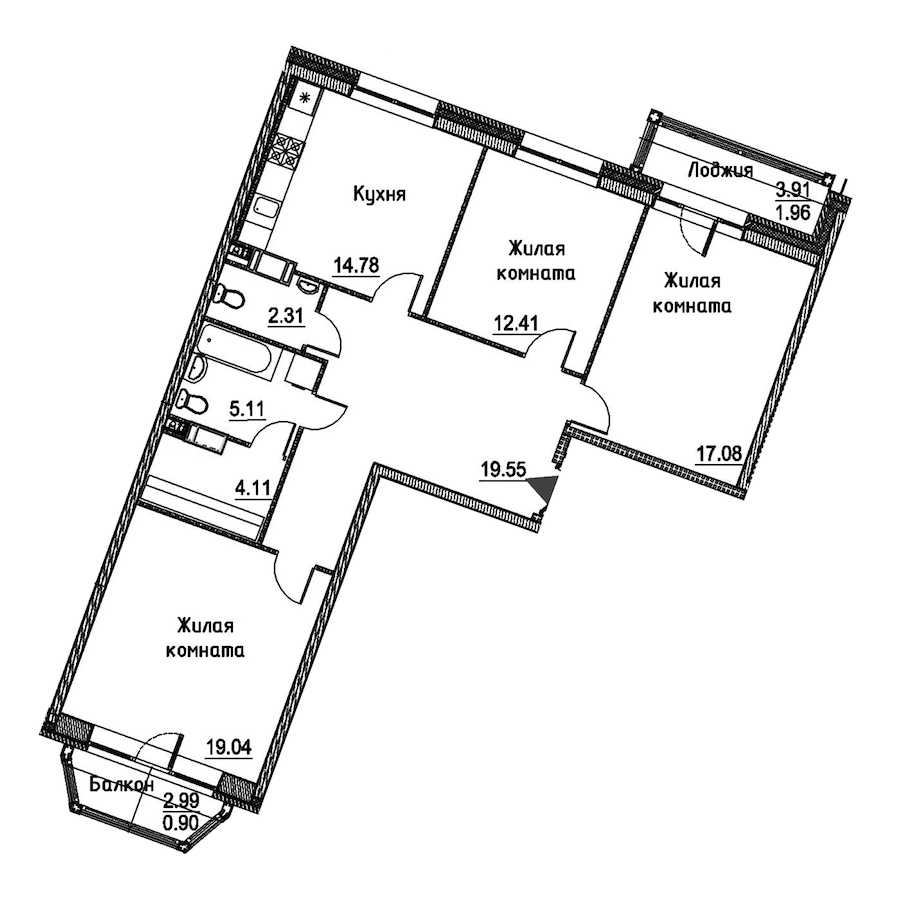 Трехкомнатная квартира в : площадь 97.25 м2 , этаж: 9 – купить в Санкт-Петербурге