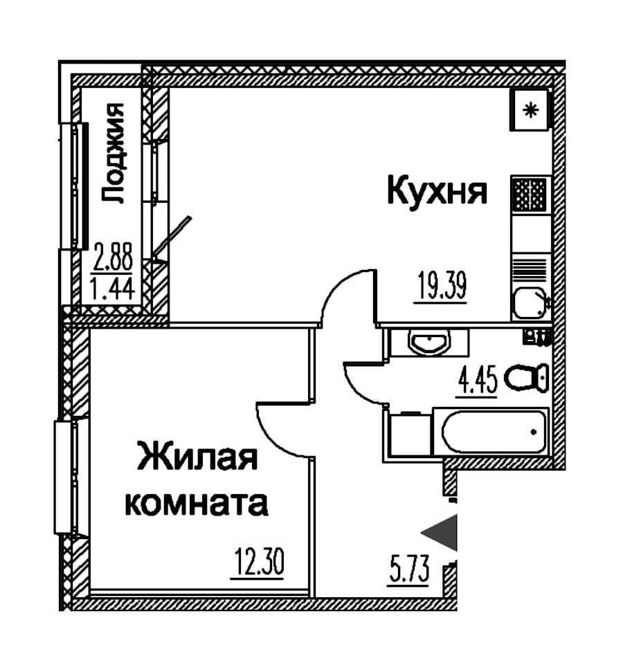 Однокомнатная квартира в : площадь 43.31 м2 , этаж: 2 – купить в Санкт-Петербурге
