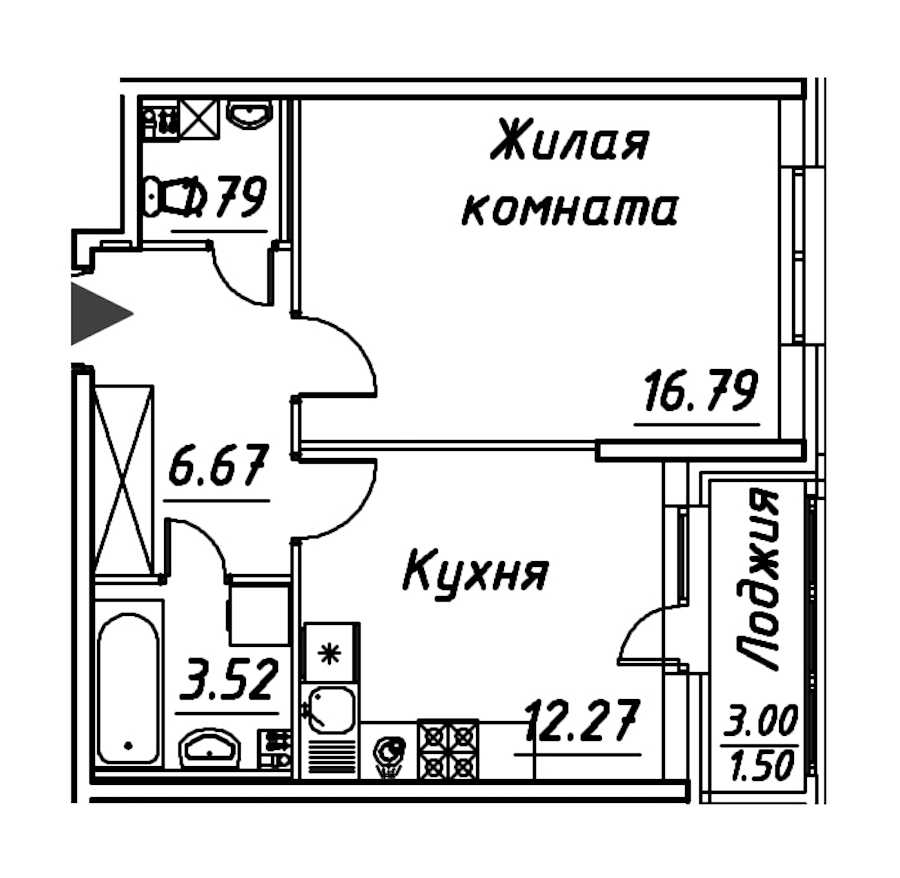 Однокомнатная квартира в : площадь 42.54 м2 , этаж: 2 – купить в Санкт-Петербурге