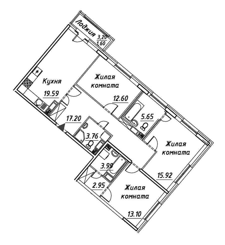 Трехкомнатная квартира в : площадь 96.36 м2 , этаж: 12 – купить в Санкт-Петербурге