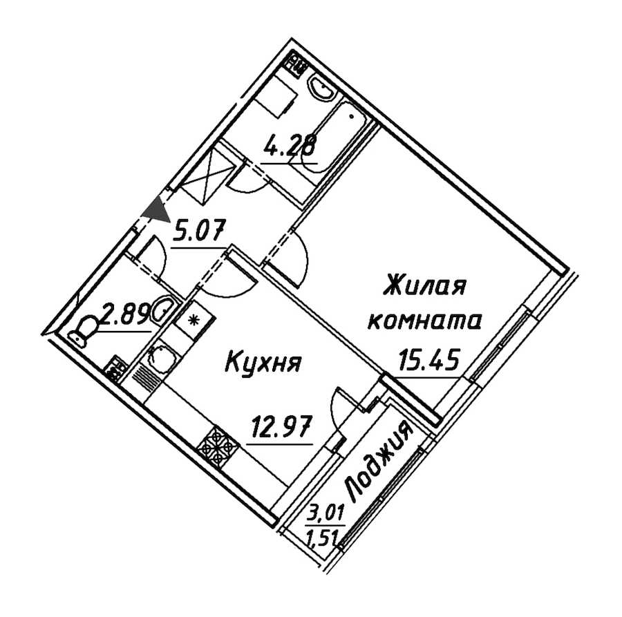 Однокомнатная квартира в : площадь 42.17 м2 , этаж: 2 – купить в Санкт-Петербурге