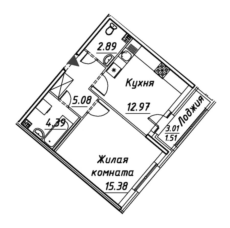 Однокомнатная квартира в : площадь 42.22 м2 , этаж: 2 – купить в Санкт-Петербурге