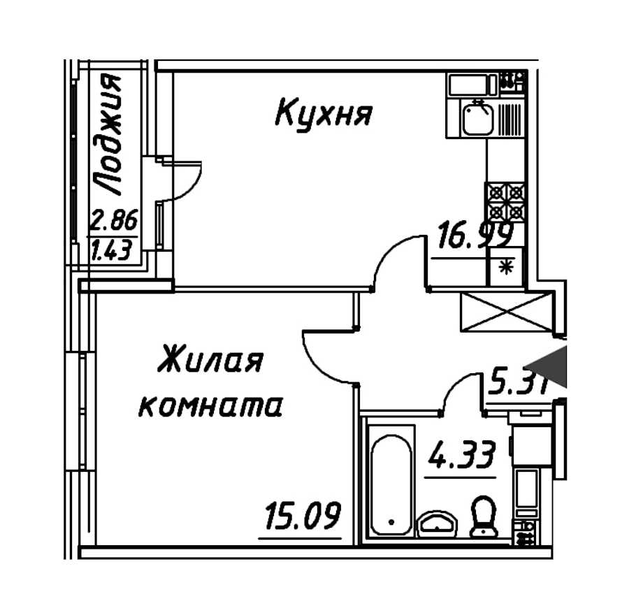 Однокомнатная квартира в : площадь 43.15 м2 , этаж: 9 – купить в Санкт-Петербурге