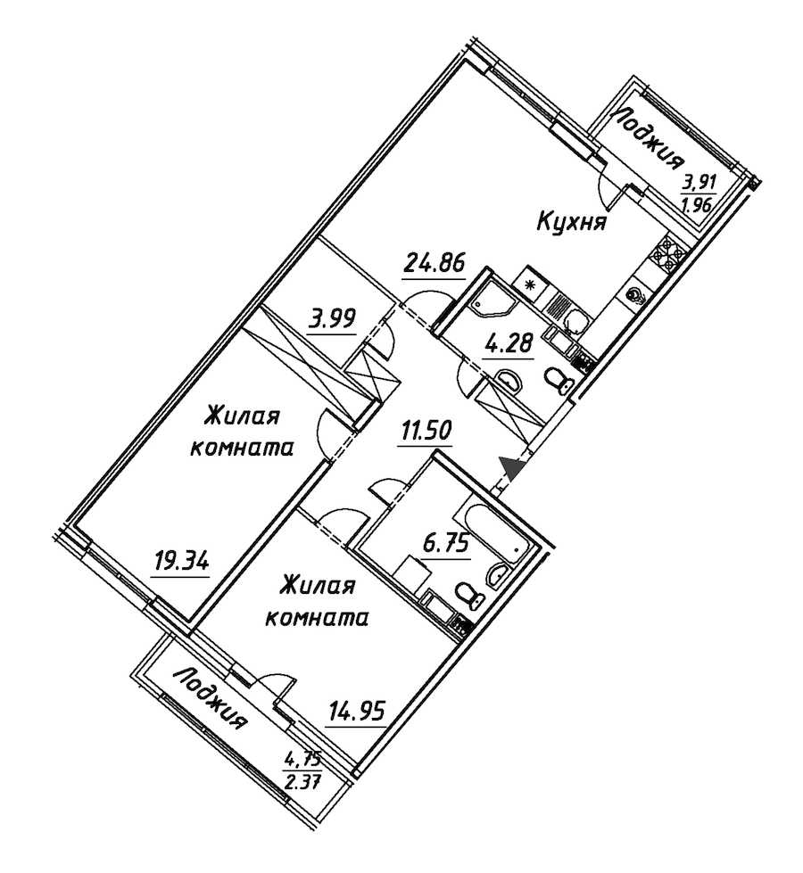 Двухкомнатная квартира в : площадь 90 м2 , этаж: 12 – купить в Санкт-Петербурге