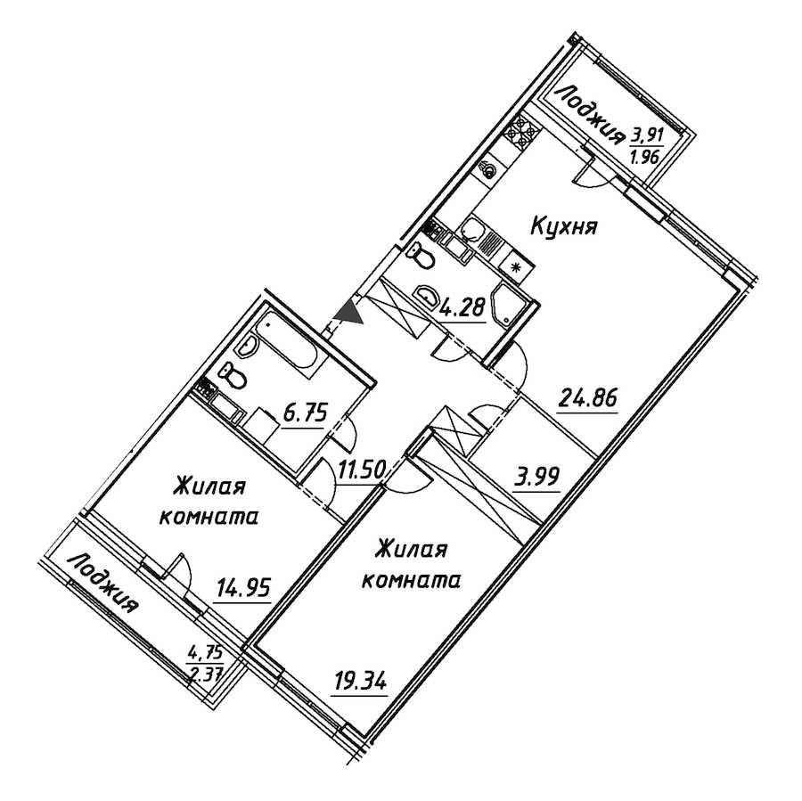 Двухкомнатная квартира в : площадь 90 м2 , этаж: 12 – купить в Санкт-Петербурге