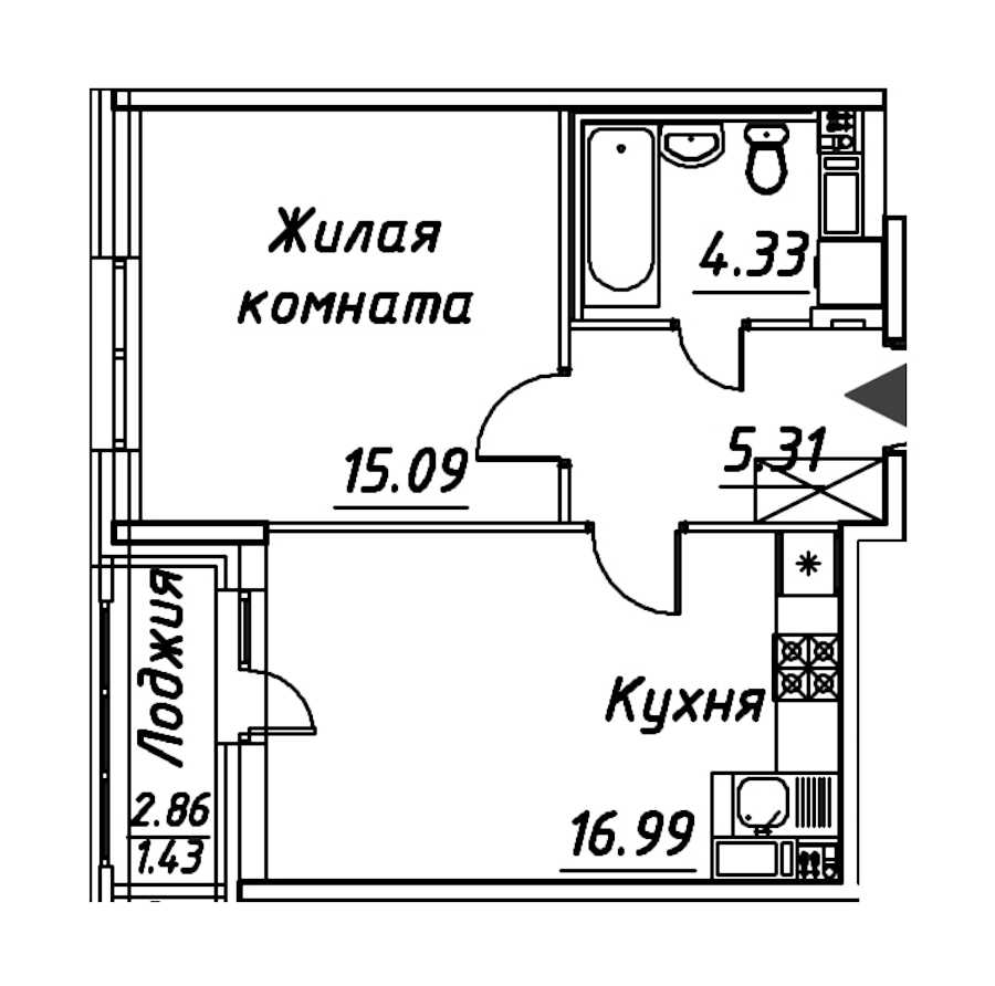 Однокомнатная квартира в : площадь 43.15 м2 , этаж: 4 – купить в Санкт-Петербурге